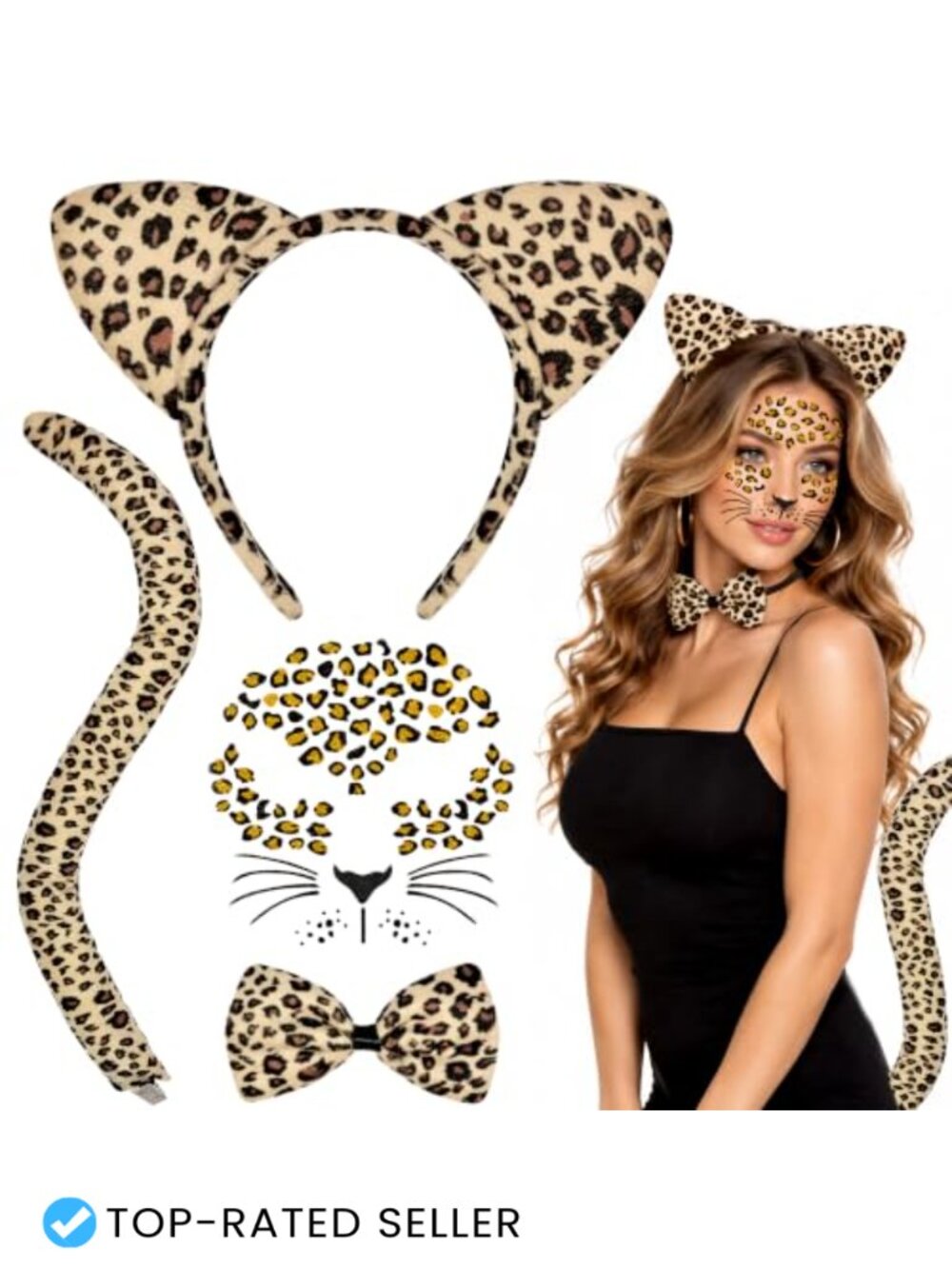 Cheetah Leopard Costume Set Ears Headband Tail Bowtie Tattoos Halloween